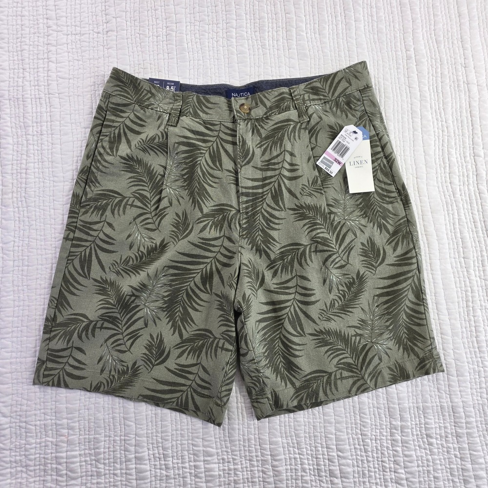Nautica Mens 32W Pleated Classic Fit Linen Blend Shorts Palm Leaf Soft Sage NWT